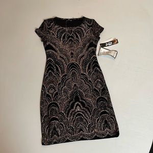 Jump Apparel black cap sleeve gold glittery cocktail dress, bodycon stretch sz S